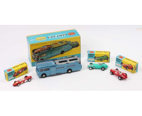Corgi, Major Gift Set No.16 Ecurie Ecosse racing car transport and three racing cars, metallic light blue, red lettering, wit