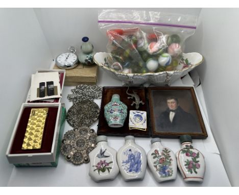 Assorted Lot to include Oriental Scent Bottles, Vintage Marbles, Antique Miniature Portrait of a Gentleman, Vintage Stopwatch