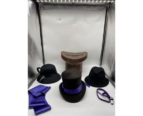 Vintage Gentleman's Top Hat Along With Leather Case Box and Two Other Hats.