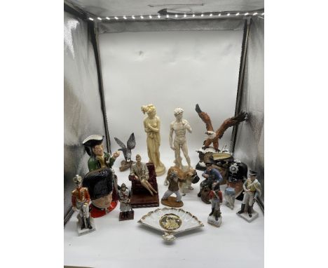 Assorted Lot to include Napoleonic and Military Porcelain Soldier Figurines, Royal Doulton Character Jugs, Art of Chokin Plat