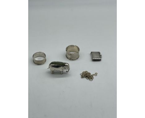 Assorted Lot To Include Silver Match Stick Case, Silver Napkin Rings, Necklace And Elephant Pin Cushion.