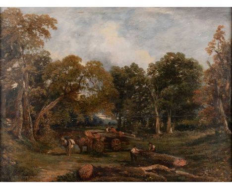 19TH CENTURY ENGLISH SCHOOL WOODLAND LOGGING SCENE Oil on panel37cm x 49cm