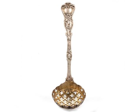 A VICTORIAN SILVER SIFTING LADLE by Francis Higgins II, London 1846, the shaped circular bowl with quatrefoil pierced gilded 