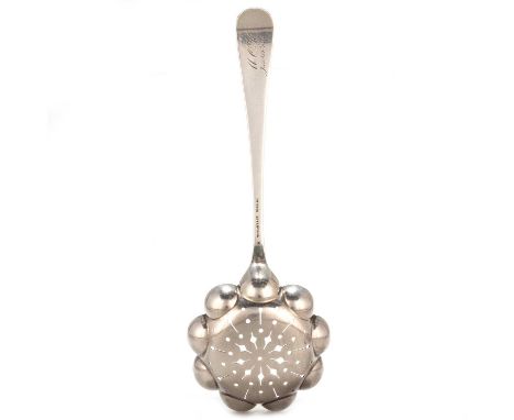 TIFFANY: AN AMERICAN STERLING SILVER SIFTING LADLE by Tiffany &amp; Co, late 19th Century, the flowerhead-shaped bowl with lo