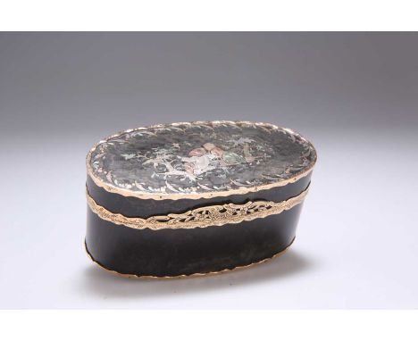 A LOUIS XV GOLD-MOUNTED, TORTOISESHELL AND TRI-COLOUR GOLD INLAID SNUFF BOX mark of Eloy Brichard, Paris, 1756-1762, oval, th