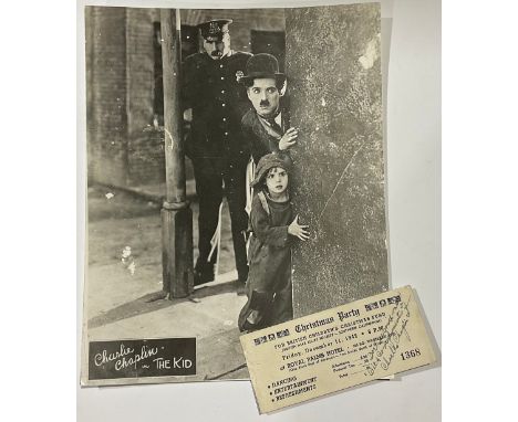 Autograph, Charlie CHAPLIN, 1942 British War Relief Society Christmas Party Ticket in card, signed in corner 'for service men