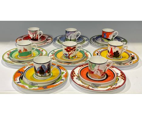 A Wedgwood for Bradford Exchange, set of eight Clarice Cliff "Cafe Chic" coffee cans, saucers and dessert plates, including, 