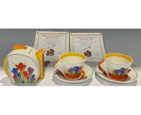 A Bradford Exchange Clarice Cliff Crocus pattern tea for two, teapot, pair of cups and saucers, limited edition, certificates