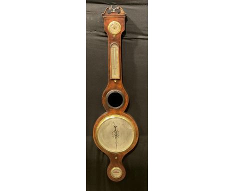 A 19th century mahogany wheel barometer, 20cm silvered register, hygrometer, mercury thermometer, convex butler’s mirror, sig