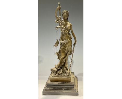 A bronze sculpture, of Justice, she stands holding scales aloft, stepped marble base, 34cm high 