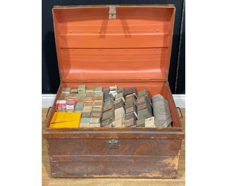 Music - a quantity of Pianola music rolls, various melodies, all boxed; contained in a large painted tin steamer trunk, 75cm 