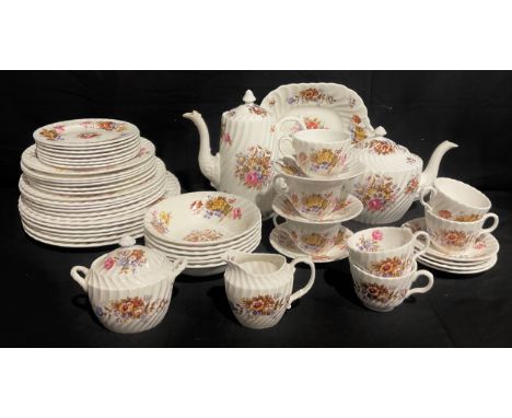 An Aynsley Summertime pattern coffee pot, teapot, six dinner plates, six dessert plates, six cereal bowls, six side plates, s