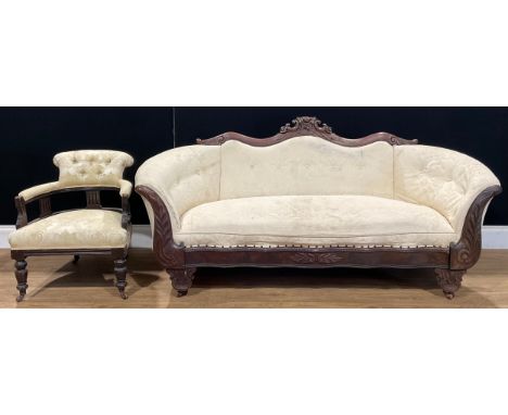 A 19th century mahogany sofa, 97cm high, 207cm wide, 73cm deep; a late Victorian drawing room chair, 77cm high, 65.5cm wide, 