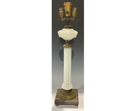 A large bronzed metal and milk glass table lamp, square marble type base, 73cm high 