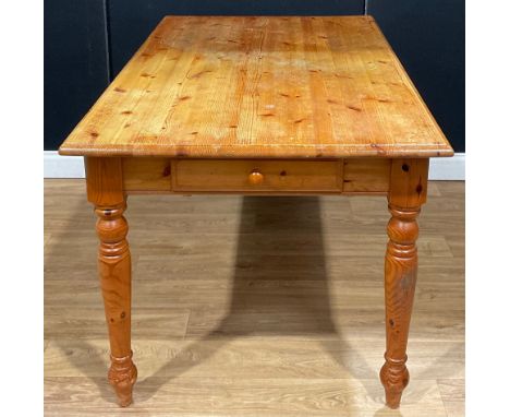 A Victorian style pine farmhouse kitchen table, drawer to frieze, 77cm high, 150cm long, 86cm wide 