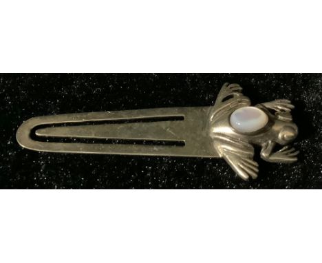 A silver novelty bookmark, the finial as a frog set with a moonstone 