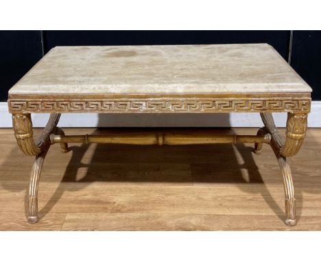 An Italian Neoclassical style curule-form coffee table, granite top, 44cm high, 83.5cm long, 50cm wide 