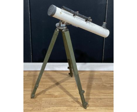 An early 20th century telescope, a construction of army surplus parts, green sight No. 22C Mark III, green tripod base 