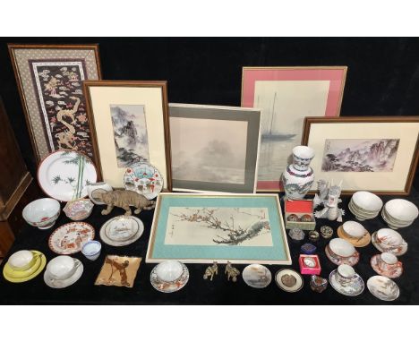 Oriental - a John Jenkins porcelain dragon; cloisonne enamel boxes; a pair of cloisonne temple lions; Japanese eggshell tea w