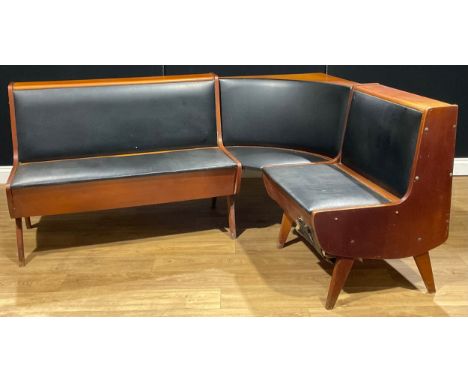 A retro mid-20th century corner bench or sofa, hinged seats and tops, 82cm high, 181cm wide, 135cm deep 