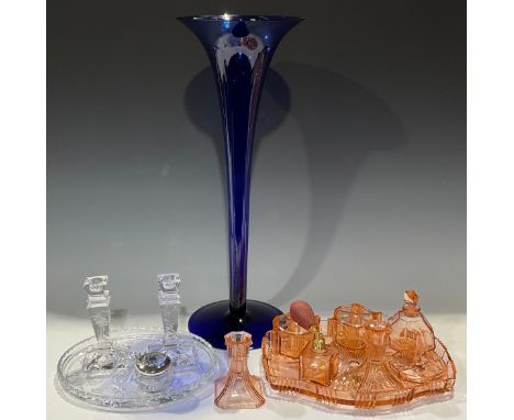 Glassware - a large Victorian Bristol blue glass trumpet vase, spreading circular base, pontil scar, 57cm high; an Art Deco p