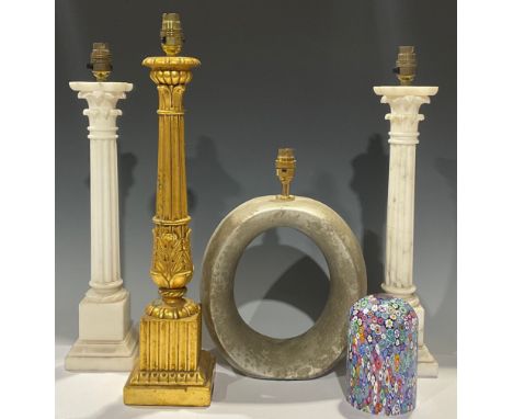 A pair of Italian Carrara marble Corinthian column table lamps, 52cm high; another columnar table lamp; a contemporary ring s