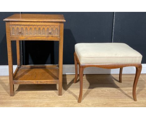 A 17th century style oak side table, 75cm high, 83cm wide, 40cm deep; a mahogany dressing table stool, 47.5cm high, 56cm wide