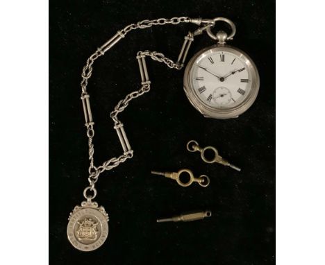 A Continental silver open face pocket watch, marked 935; a silver fancy link Albert chain and fob 