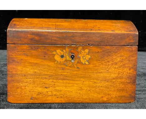 A 19th century walnut and marquetry tea caddy, hinged cover enclosing a pair of lidded compartments, c.1870, 19.5cm wide 