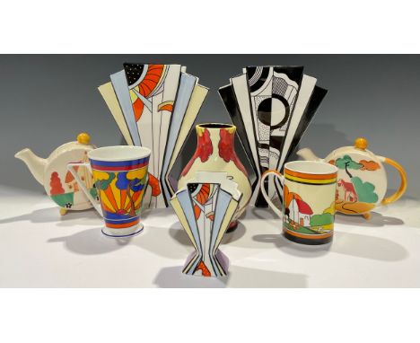 A Brian Wood Art Deco style fan shaped vase, a similar miniature vase, another in monochrome; a pair of Past Times Clarice Cl