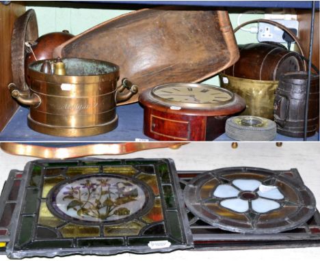 Four pieces of coloured glass, dug out bowl, brass, shell casings, Victorian wall clock etc 