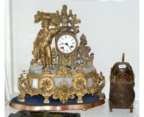 A 19th century gilt metal and alabaster figural mantel clock and a lantern style timepiece