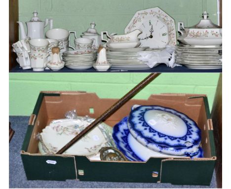 A large service of Johnson Bros Eternal Beau pattern dinner wares including tureen; coffee pot; large table cloth etc; togeth