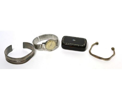 A steel wristwatch signed Sandoz, a snuff box and two bangles stamped '925'