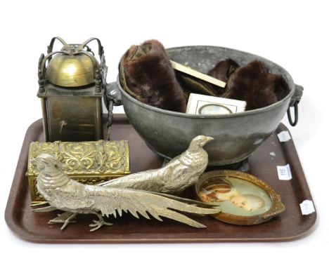 An eight day brass lantern type clock; a group of reproduction portrait miniatures; metal casket; Chinese pewter planter/cens