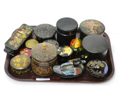 A collection of 19th century and later papier mache, wooden, lacquer and ceramic boxes 