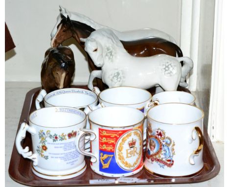 A shelf of Coalport, Franklin Mint and other figures, together with a tray of Beswick horses and Ainsley loving cups