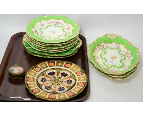 A Royal Crown Derby Imari plate, a trinket box; the cover with painted portrait miniature and a part dessert service