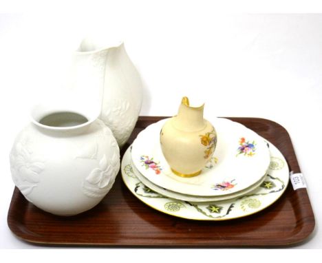 A Wedgwood ''Dolphin'' plate, by Laurence Whistler, two Kaiser vases, Royal Worcester blush ivory jug and two 19th century St