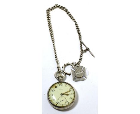 A military Rolex pocket watch, case back stamped A.12105, G S MKII broad arrow, with silver chain and medal 