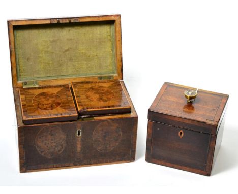 A 19th century burr yew two division tea caddy and a mahogany and cross banded tea caddy 