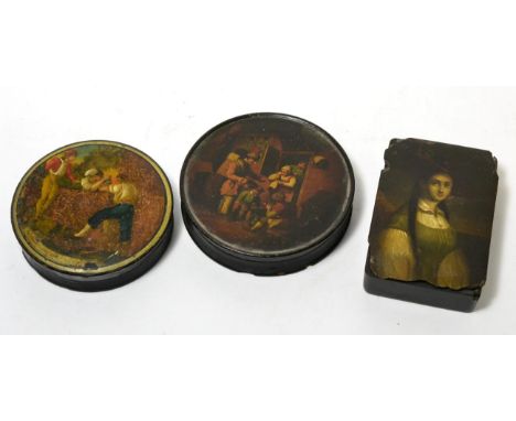 A late 19th century Stabwasser lacquer box ''Feodora'' (a.f.); together with two further 19th century painted snuff boxes 