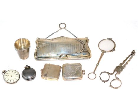 A pair of George III silver sugar nips, two silver vestas, a silver purse, a white metal lorgnette, gun metal coloured sovere