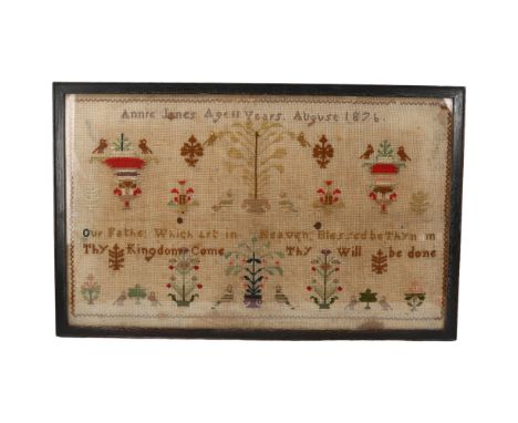 Victorian needlework sampler, by Annie Jones aged 11 years August 1876, overall frame dimensions 43cm x 68cmGenerally faded a