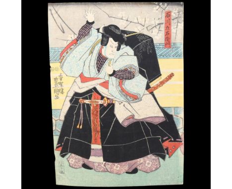 Toyokuni (1769 - 1825), Samurai Warrior, colour woodblock print, image 34.5cm x 25cm, mountedSheet is stuck down at the corne