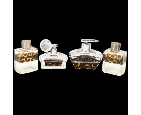 4 Art Deco glass perfume bottles, with abstract amber and black geometric bands, including pair with nickel plate tops, heigh
