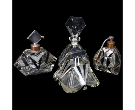 4 Art Deco glass perfume/atomiser scent bottles, with abstract black designs, largest bottle and stopper height 17cm (4)Large