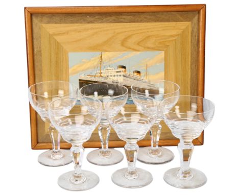 CUNARD SHIPPING LINE MV BRITANNIC - a set of 6 stemmed glasses, with wavy cut-glass bowls, height 10.5cm, diameter 6.5cm, on 