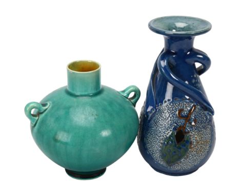 DR CHRISTOPHER DRESSER for LINTHORPE POTTERY - turquoise glaze pottery vase with ring handles, pattern no. 1313, height 10.5c