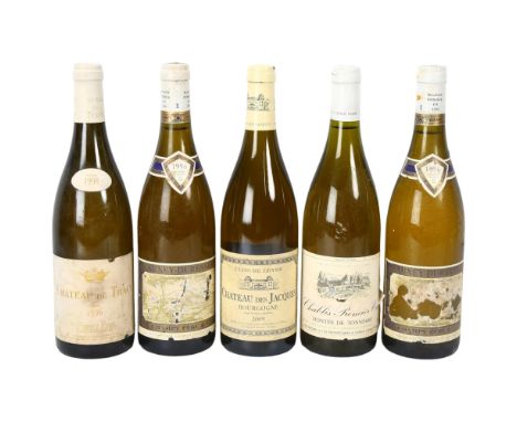 5 bottles of French white wine, Ch Des Jacques 2009, 2x Auxey-Duresses 1996, Chablis 1er Cru - Loius Michel, Ch de Tracy 1998